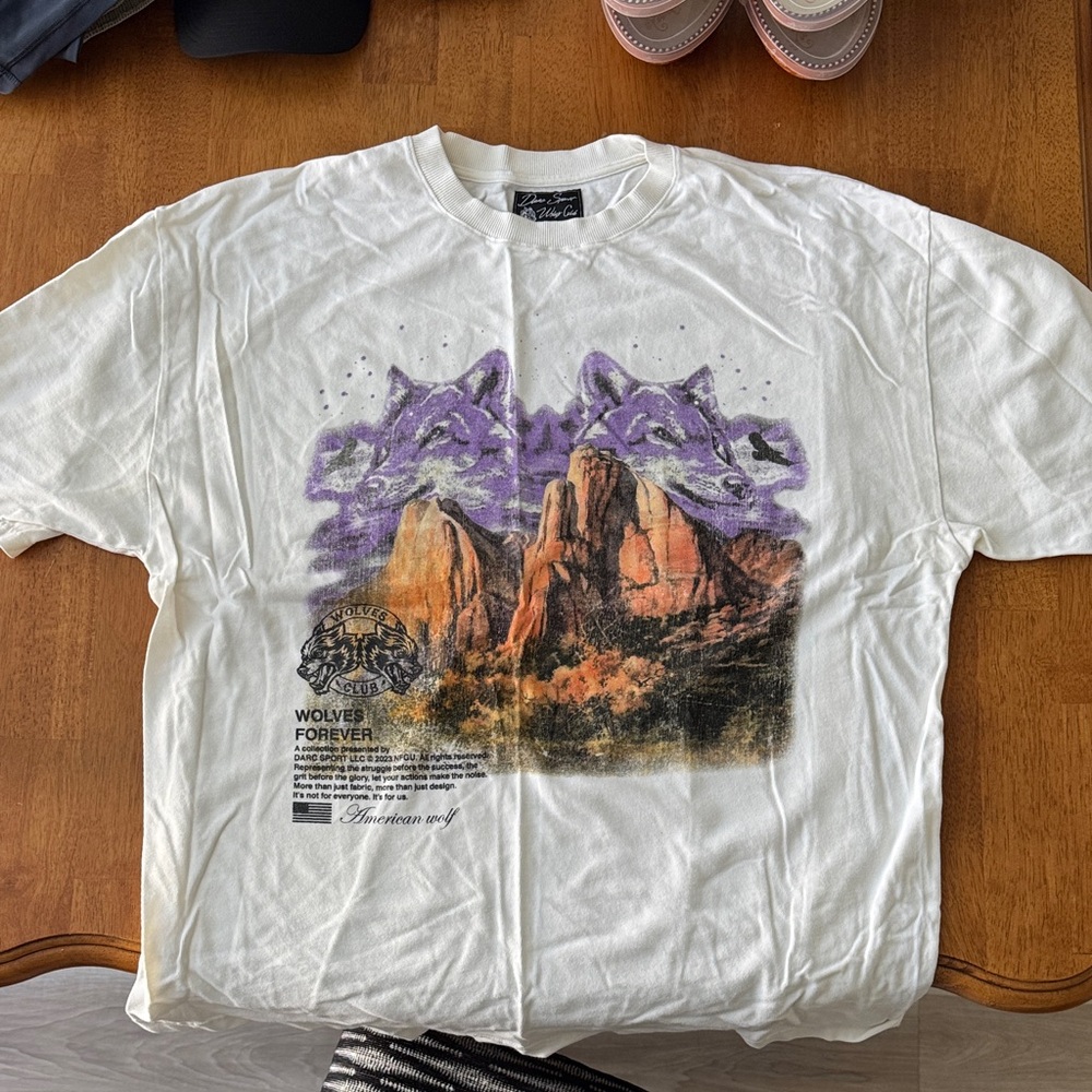 Darc Sport White Tee with Purple Wolf and Scenic Design